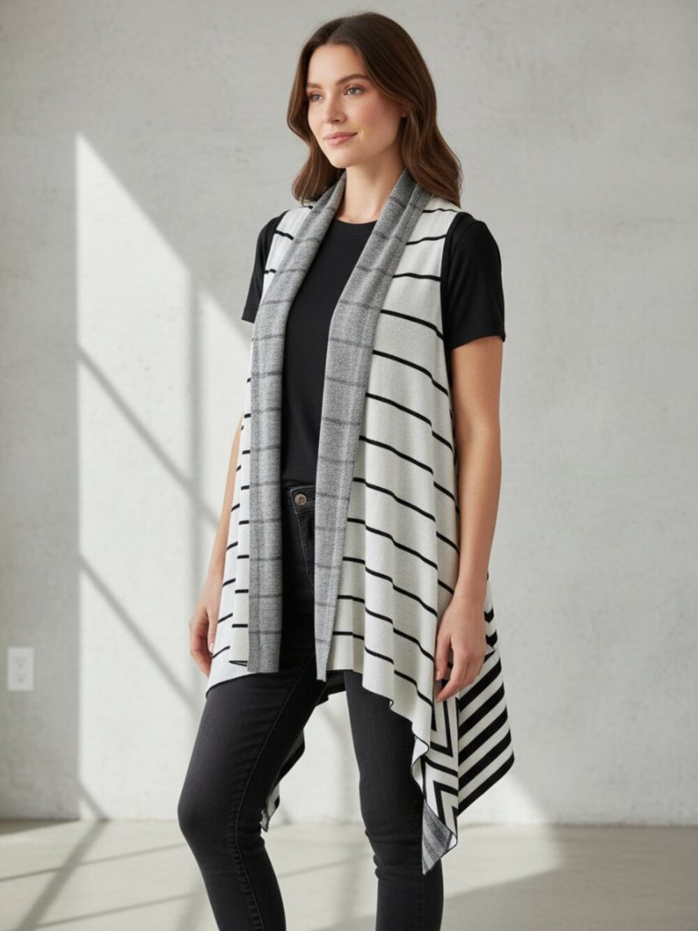 Merona XL Cardigan Sweater Vest Cream Black Striped Draped Boho Monochrome Retro